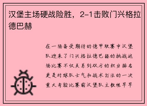 汉堡主场硬战险胜，2-1击败门兴格拉德巴赫