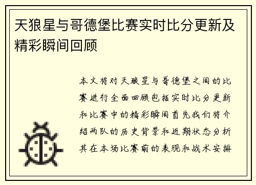 天狼星与哥德堡比赛实时比分更新及精彩瞬间回顾